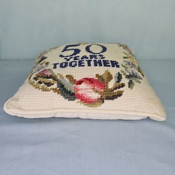 Golden Anniversary Pillow Gift Needlepoint 50 Years Together Vintage 9'' x 9'' - Picture 3 of 7